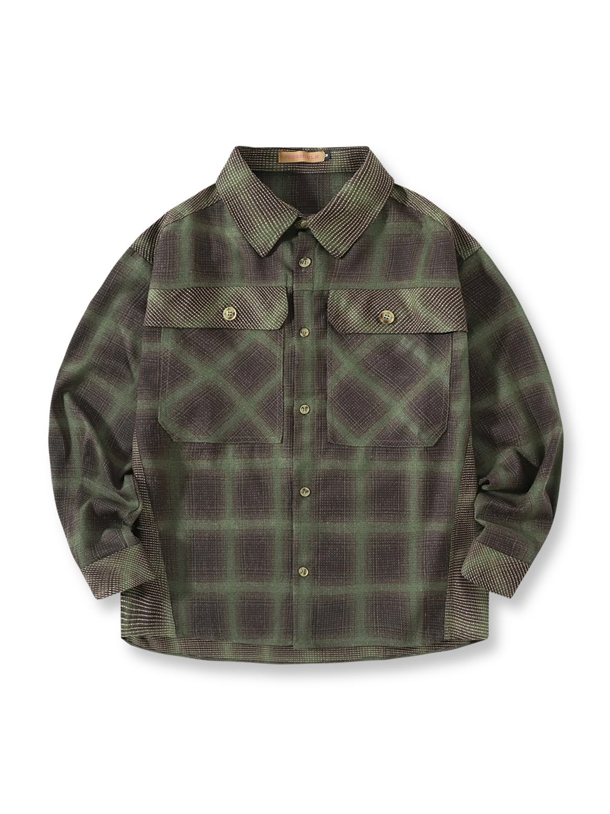 製品画像:
「バイカラー パッチワーク チェックパターン 長袖シャツの正面全体展示図。クラシックなチェックパターンをベースに、ヴィンテージ感漂うバイカラーパッチワークデザインを採用。耐久性の高いコットン素材で、カジュアルから通勤まで幅広く活躍するアイテム。」
詳細画像:
「バイカラー パッチワーク チェックパターン 長袖シャツのディテール。胸元に配置された実用的なポケットと、チェック柄を組み合わせたパッチワークデザインをクローズアップ。視覚的なレイヤード感と高品質なコットン素材が魅力。」