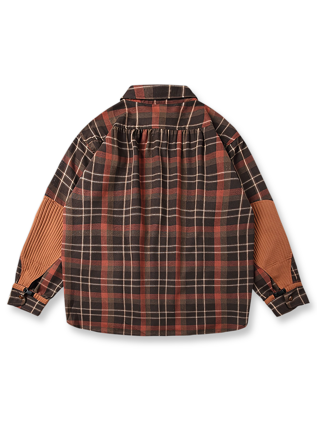 製品画像: 肘パッチ付きヴィンテージ風チェック柄シャツの全体像
詳細画像: 肘パッチとアジャスター付き袖口のディテール