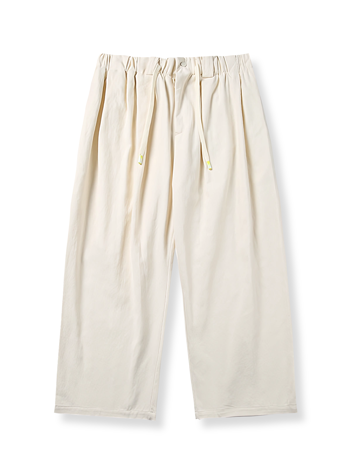 製品画像: ドローストリング付きベーシックワイドパンツのフロントビュー、シンプルなデザイン。
詳細画像: ドローストリングのデザインディテール、100%コットン素材の質感が確認できる。