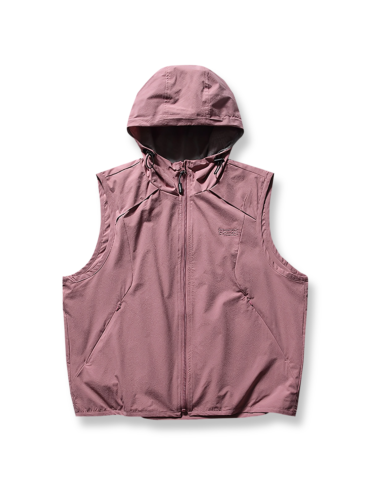 製品画像: フード付きアウトドア機能ベストの正面ビュー、軽量でシンプルなデザインが特徴。アウトドアにもカジュアルにも使えるアイテム。
詳細画像: フードと大きなポケット、防風・防水設計が強調されたディテールショット。耐久性のあるポリエステル素材が確認できる。