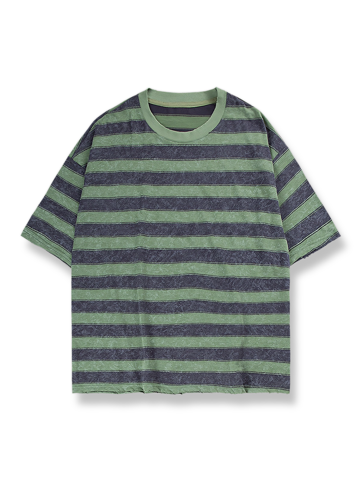 製品画像: ピンクとブラックのストライプラウンドネック半袖Tシャツの正面