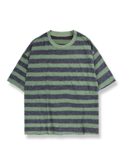 製品画像: ピンクとブラックのストライプラウンドネック半袖Tシャツの正面