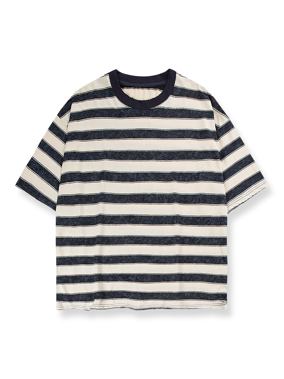 製品画像: ピンクとブラックのストライプラウンドネック半袖Tシャツの正面