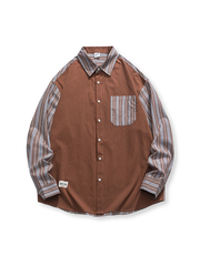 ストライプ柄袖 パッチワーク長袖シャツ