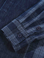 デニム&チェック柄 パッチワーク 長袖シャツ