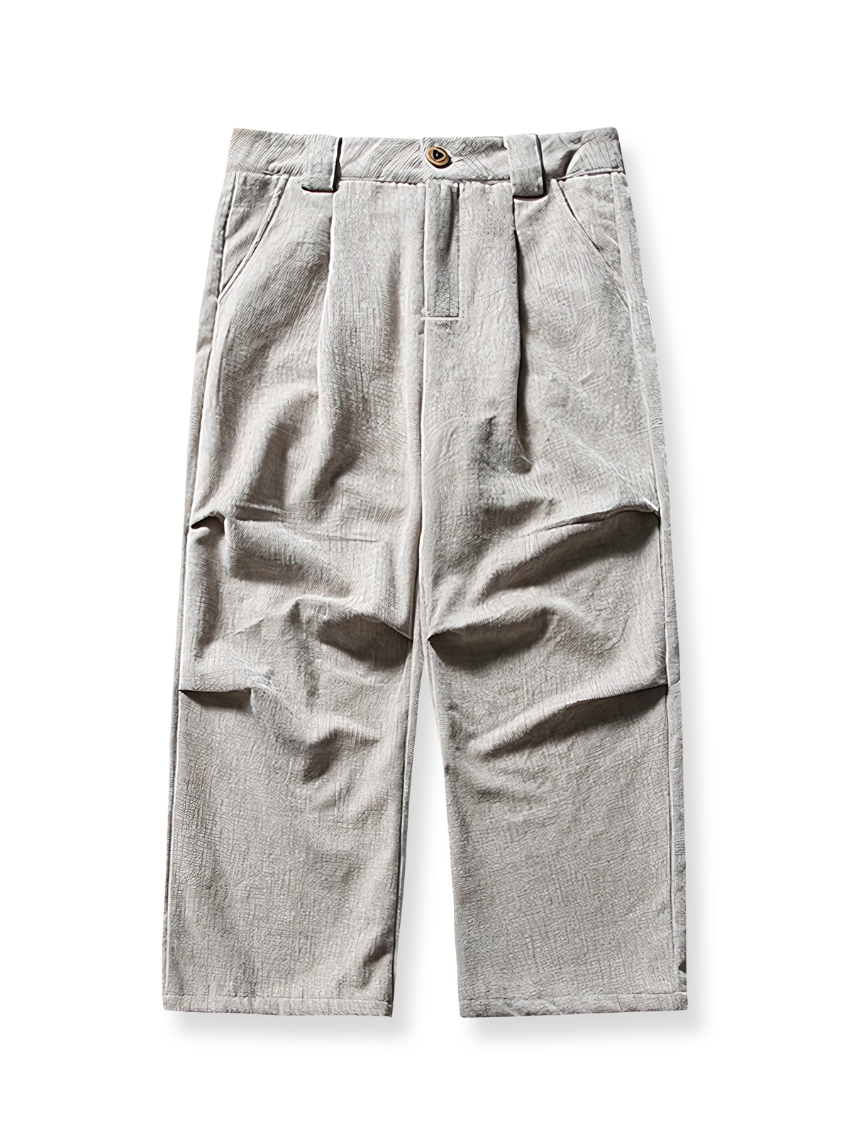 製品画像:
「ヴィンテージプリーツ ワイドパンツ全体の展示図。レトロなプリーツテクスチャー素材を採用し、ゆったりとしたルーズフィットシルエットが特徴。快適な着心地とスタイリッシュなデザインで、洗練された印象を与える一着。」
詳細画像:
「ウエストのプリーツデザインと素材のテクスチャーのディテール特写。立体感を加え、シンプルながら独特な視覚効果を生み出すヴィンテージ風のデザイン。」