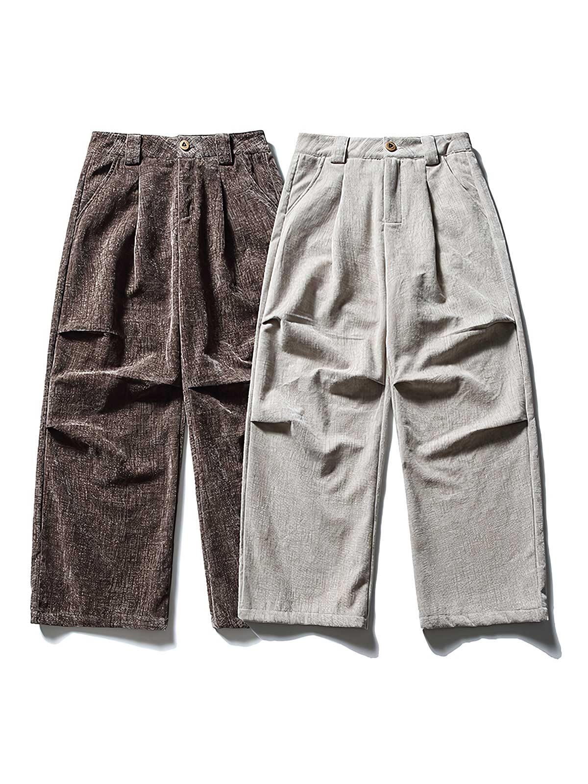 製品画像:
「ヴィンテージプリーツ ワイドパンツ全体の展示図。レトロなプリーツテクスチャー素材を採用し、ゆったりとしたルーズフィットシルエットが特徴。快適な着心地とスタイリッシュなデザインで、洗練された印象を与える一着。」
詳細画像:
「ウエストのプリーツデザインと素材のテクスチャーのディテール特写。立体感を加え、シンプルながら独特な視覚効果を生み出すヴィンテージ風のデザイン。」