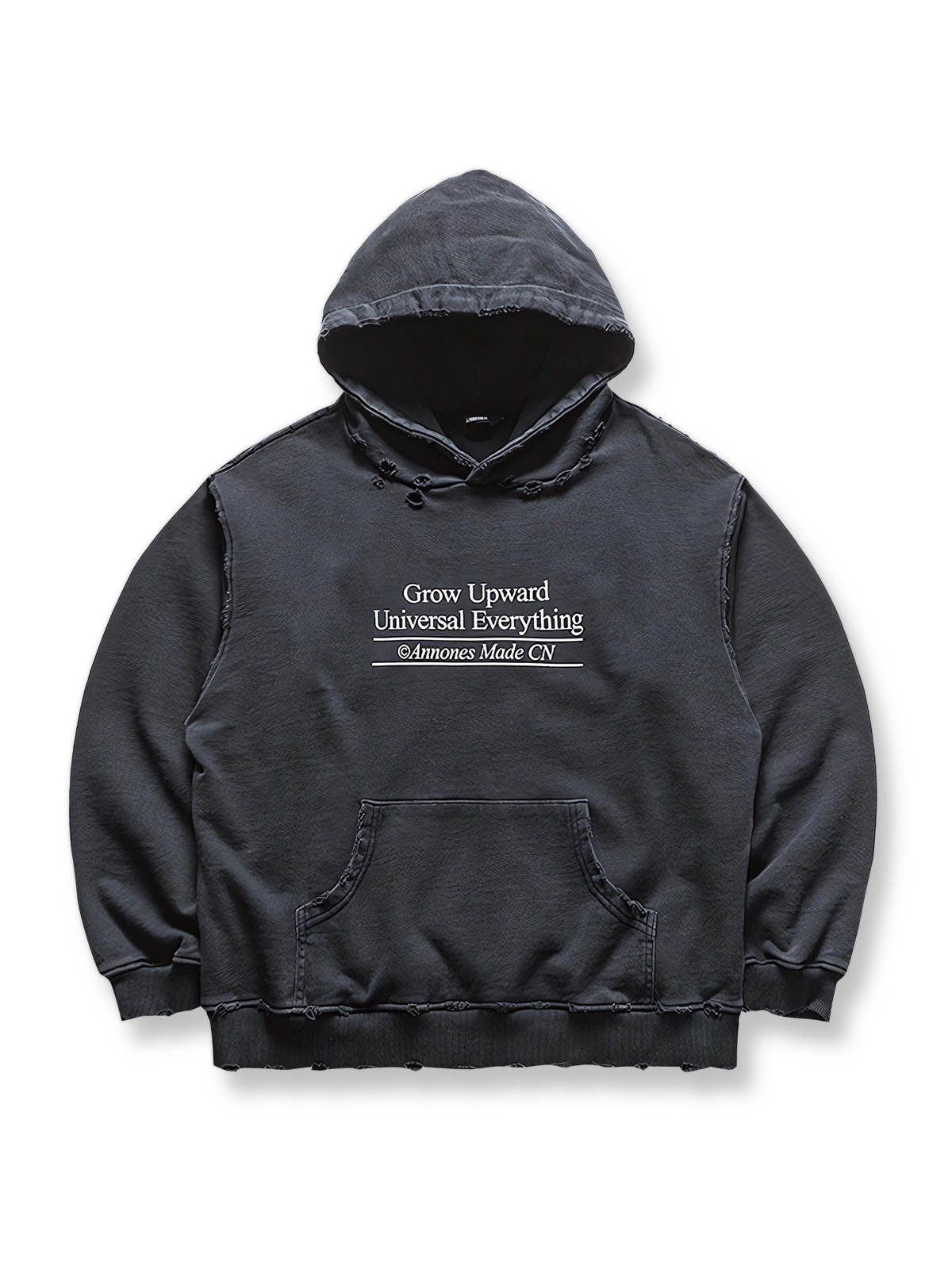 製品画像: ヴィンテージ風ダメージ加工とトレンドプリントが特徴のコットン100%ルーズフィットパーカー、ストリートスタイルに最適なフロント平置き画像
詳細画像: ダメージ加工とプリントデザインのディテール特写、カジュアルなスタイリングにおすすめ