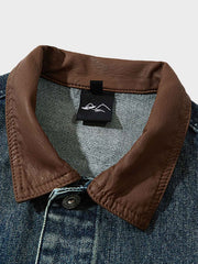 レザーカラー付きカラーブロックデニムジャケット