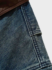 レザーカラー付きカラーブロックデニムジャケット