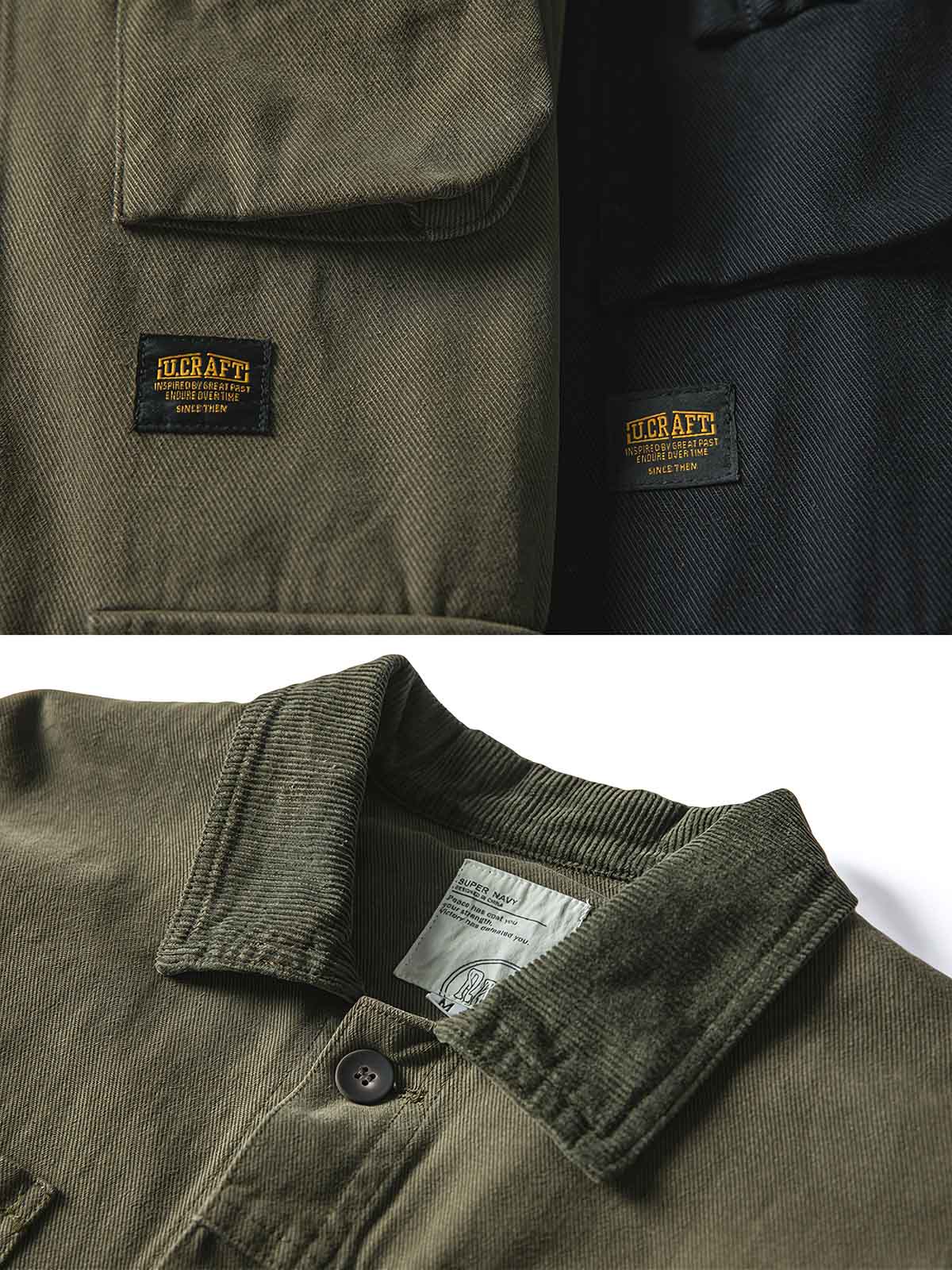 製品画像
"多ポケットカーゴジャケット、アメリカンヴィンテージとミリタリースタイルを融合したデザイン、100%コットンの生地で作られた厚みのあるジャケット、コーデュロイの襟と肘パッチが特徴的な個性的なデザイン"
詳細画像
"コーデュロイ襟と肘パッチが施された多ポケットカーゴジャケット、クラシックなミリタリースタイルにアメリカンヴィンテージデザインを取り入れ、大きな前ポケットで実用性も兼ね備えたディテール"