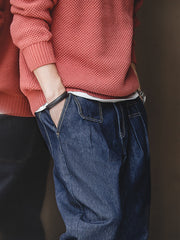 ウエストゴム ツープリーツ テーパードデニム