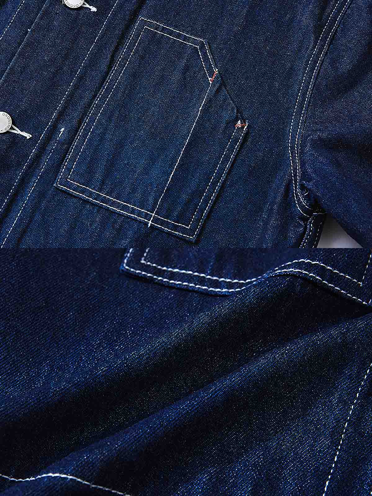 製品画像
デニム ストライプ ワークジャケット全体図。13.5ozの高密度デニム素材を使用し、ブルーとホワイトのストライプ柄が特徴のクラシックな鉄道作業着風デザイン。
詳細画像
真鍮ボタンのアクセント、多機能ポケットの実用的ディテール、補強ステッチと袖口調整機能が施された高耐久仕様。ヴィンテージ感漂う質感の特写。