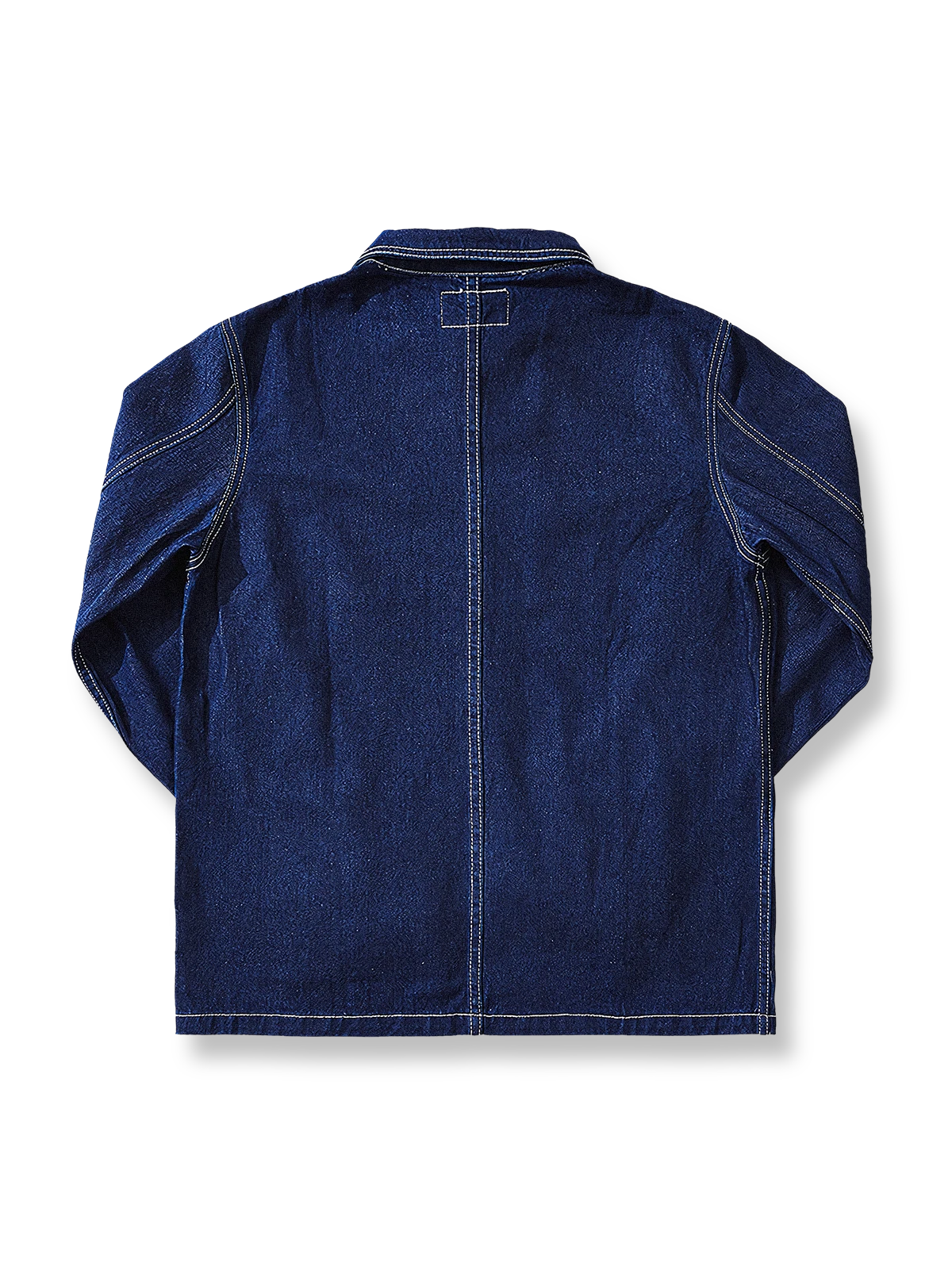製品画像
デニム ストライプ ワークジャケット全体図。13.5ozの高密度デニム素材を使用し、ブルーとホワイトのストライプ柄が特徴のクラシックな鉄道作業着風デザイン。
詳細画像
真鍮ボタンのアクセント、多機能ポケットの実用的ディテール、補強ステッチと袖口調整機能が施された高耐久仕様。ヴィンテージ感漂う質感の特写。