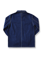 製品画像
デニム ストライプ ワークジャケット全体図。13.5ozの高密度デニム素材を使用し、ブルーとホワイトのストライプ柄が特徴のクラシックな鉄道作業着風デザイン。
詳細画像
真鍮ボタンのアクセント、多機能ポケットの実用的ディテール、補強ステッチと袖口調整機能が施された高耐久仕様。ヴィンテージ感漂う質感の特写。