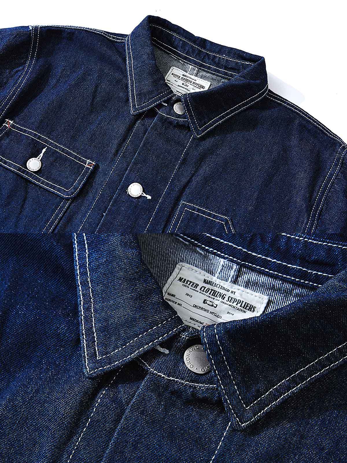 製品画像
デニム ストライプ ワークジャケット全体図。13.5ozの高密度デニム素材を使用し、ブルーとホワイトのストライプ柄が特徴のクラシックな鉄道作業着風デザイン。
詳細画像
真鍮ボタンのアクセント、多機能ポケットの実用的ディテール、補強ステッチと袖口調整機能が施された高耐久仕様。ヴィンテージ感漂う質感の特写。