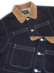 製品画像
「無地デニムとストライプデニムの2種類から選べるコーデュロイ襟付き多ポケットデニムジャケット全体像。クラシックなレトロデザインが特徴」
詳細画像
「コーデュロイ襟とウール混紡チェック柄裏地、金属パーツのブラス素材ディテールをクローズアップ。高い保温性とクラフトマンシップが光るデザイン」