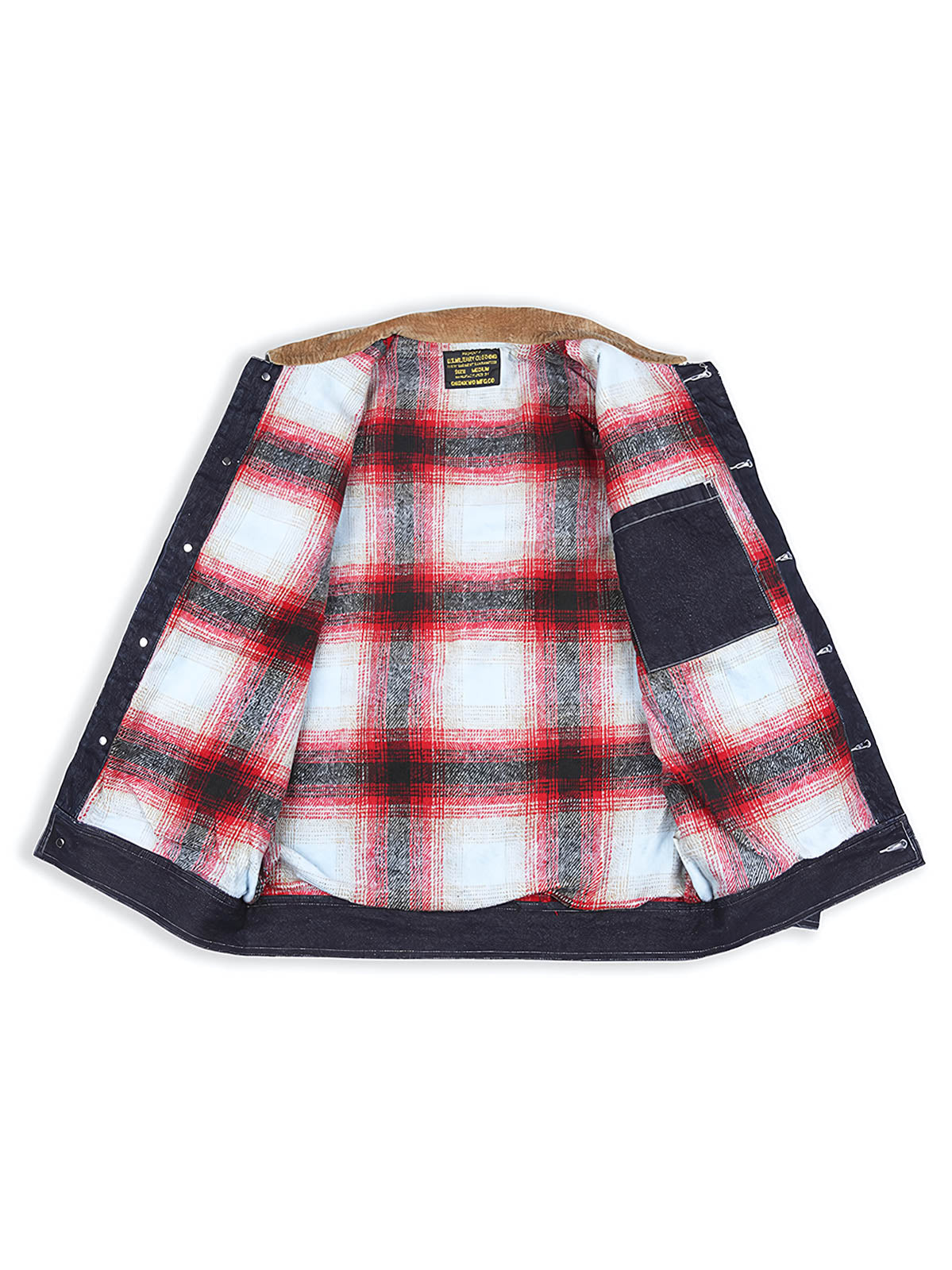 製品画像
「無地デニムとストライプデニムの2種類から選べるコーデュロイ襟付き多ポケットデニムジャケット全体像。クラシックなレトロデザインが特徴」
詳細画像
「コーデュロイ襟とウール混紡チェック柄裏地、金属パーツのブラス素材ディテールをクローズアップ。高い保温性とクラフトマンシップが光るデザイン」