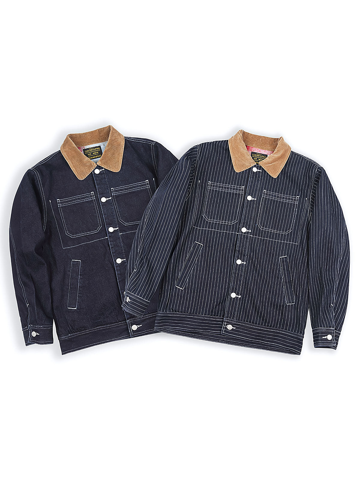 製品画像
「無地デニムとストライプデニムの2種類から選べるコーデュロイ襟付き多ポケットデニムジャケット全体像。クラシックなレトロデザインが特徴」
詳細画像
「コーデュロイ襟とウール混紡チェック柄裏地、金属パーツのブラス素材ディテールをクローズアップ。高い保温性とクラフトマンシップが光るデザイン」