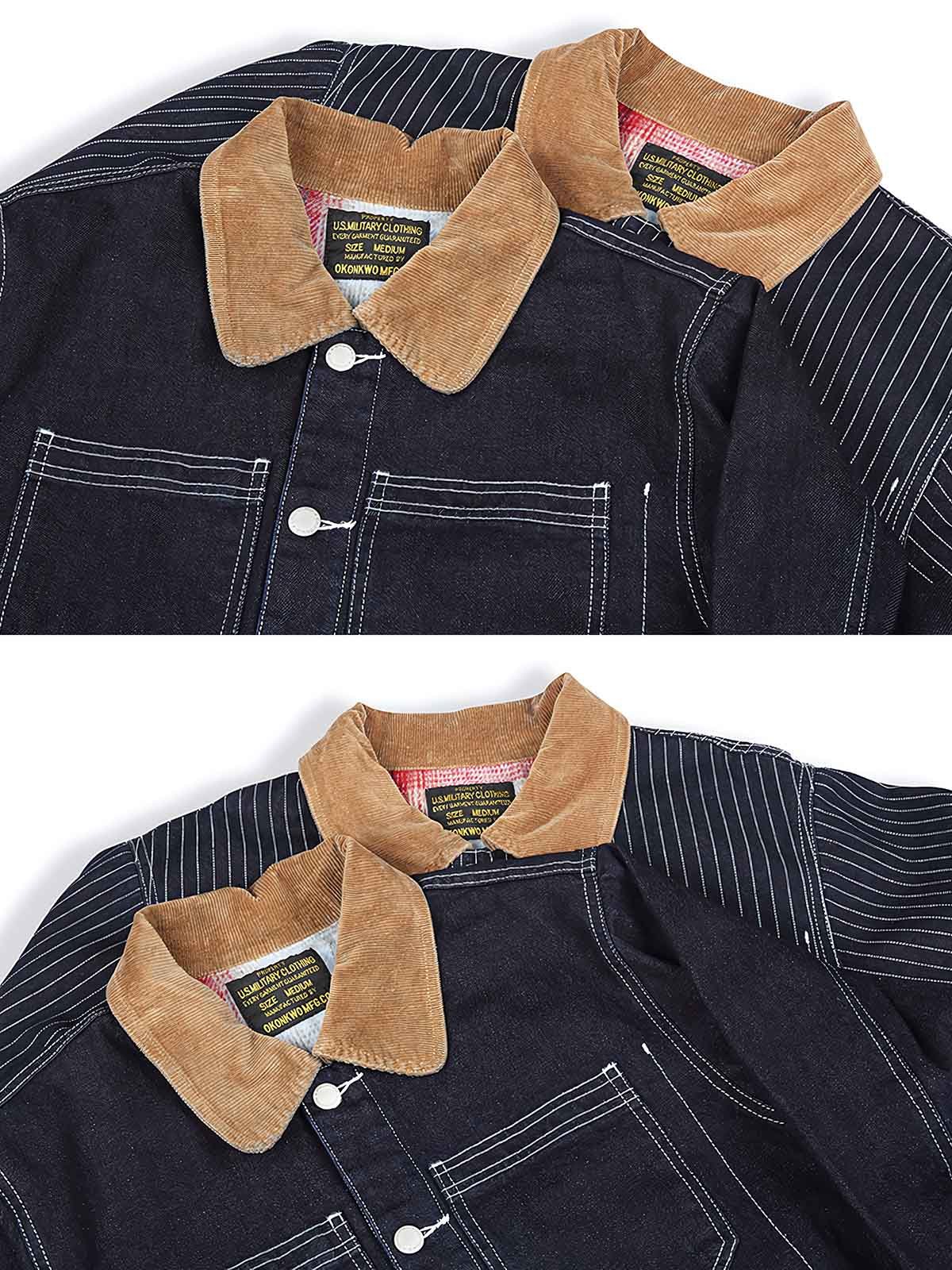 製品画像
「無地デニムとストライプデニムの2種類から選べるコーデュロイ襟付き多ポケットデニムジャケット全体像。クラシックなレトロデザインが特徴」
詳細画像
「コーデュロイ襟とウール混紡チェック柄裏地、金属パーツのブラス素材ディテールをクローズアップ。高い保温性とクラフトマンシップが光るデザイン」