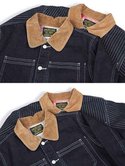 製品画像
「無地デニムとストライプデニムの2種類から選べるコーデュロイ襟付き多ポケットデニムジャケット全体像。クラシックなレトロデザインが特徴」
詳細画像
「コーデュロイ襟とウール混紡チェック柄裏地、金属パーツのブラス素材ディテールをクローズアップ。高い保温性とクラフトマンシップが光るデザイン」