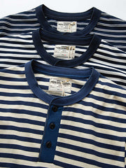 ネイビー ヘンリーネック ストライプTシャツ
