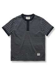 ネイビー ヘンリーネック ストライプTシャツ
