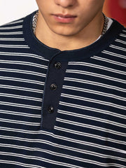 ネイビー ヘンリーネック ストライプTシャツ