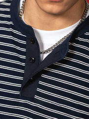ネイビー ヘンリーネック ストライプTシャツ