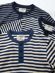 ネイビー ヘンリーネック ストライプTシャツ