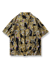 浮世絵虎柄プリントハワイアン半袖シャツ