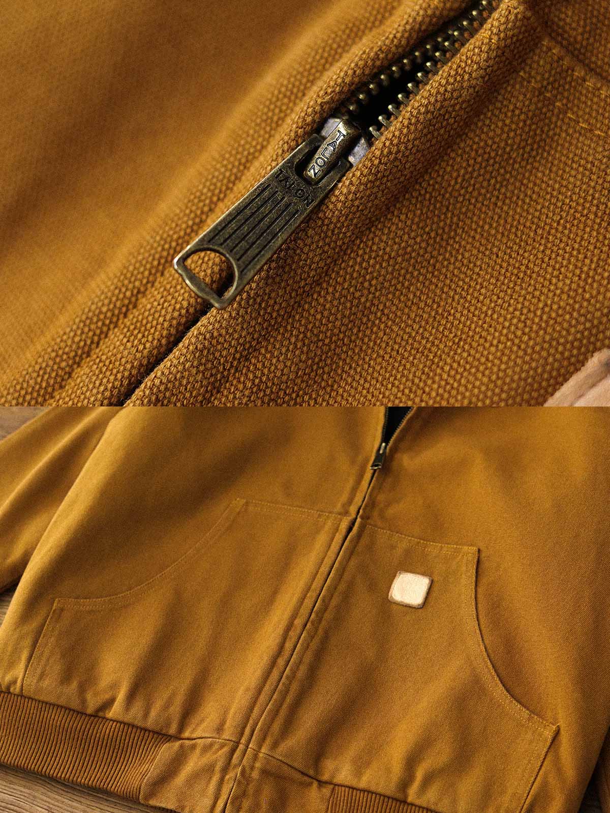 製品画像: J30ジャケットリバイバル版正面展示画像、高密度キャンバス生地とヴィンテージ感を強調。
詳細画像: 高密度16ozキャンバス生地とTALON真鍮ジッパー、左胸のレザータグディテール。