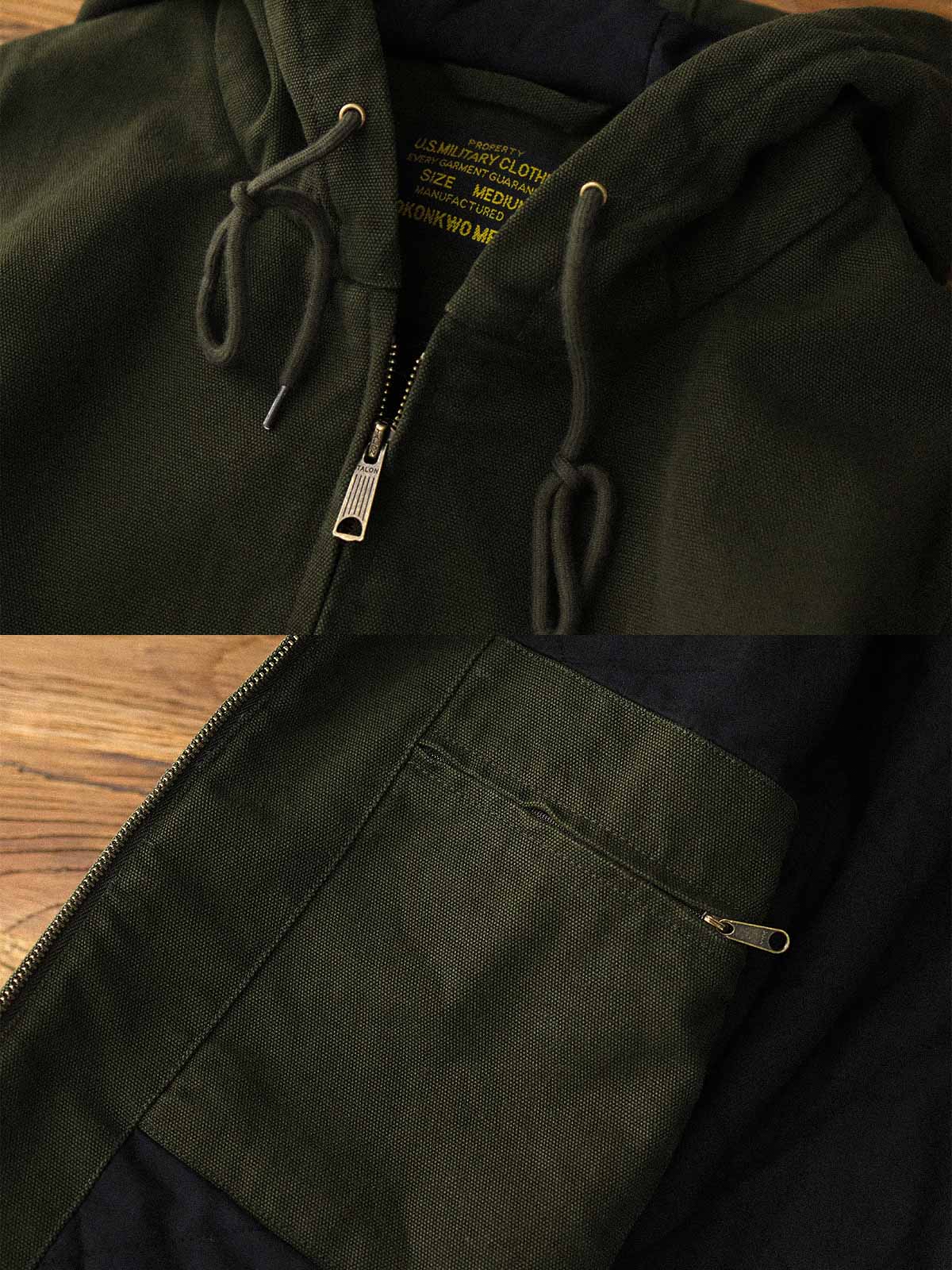 製品画像: J30ジャケットリバイバル版正面展示画像、高密度キャンバス生地とヴィンテージ感を強調。
詳細画像: 高密度16ozキャンバス生地とTALON真鍮ジッパー、左胸のレザータグディテール。