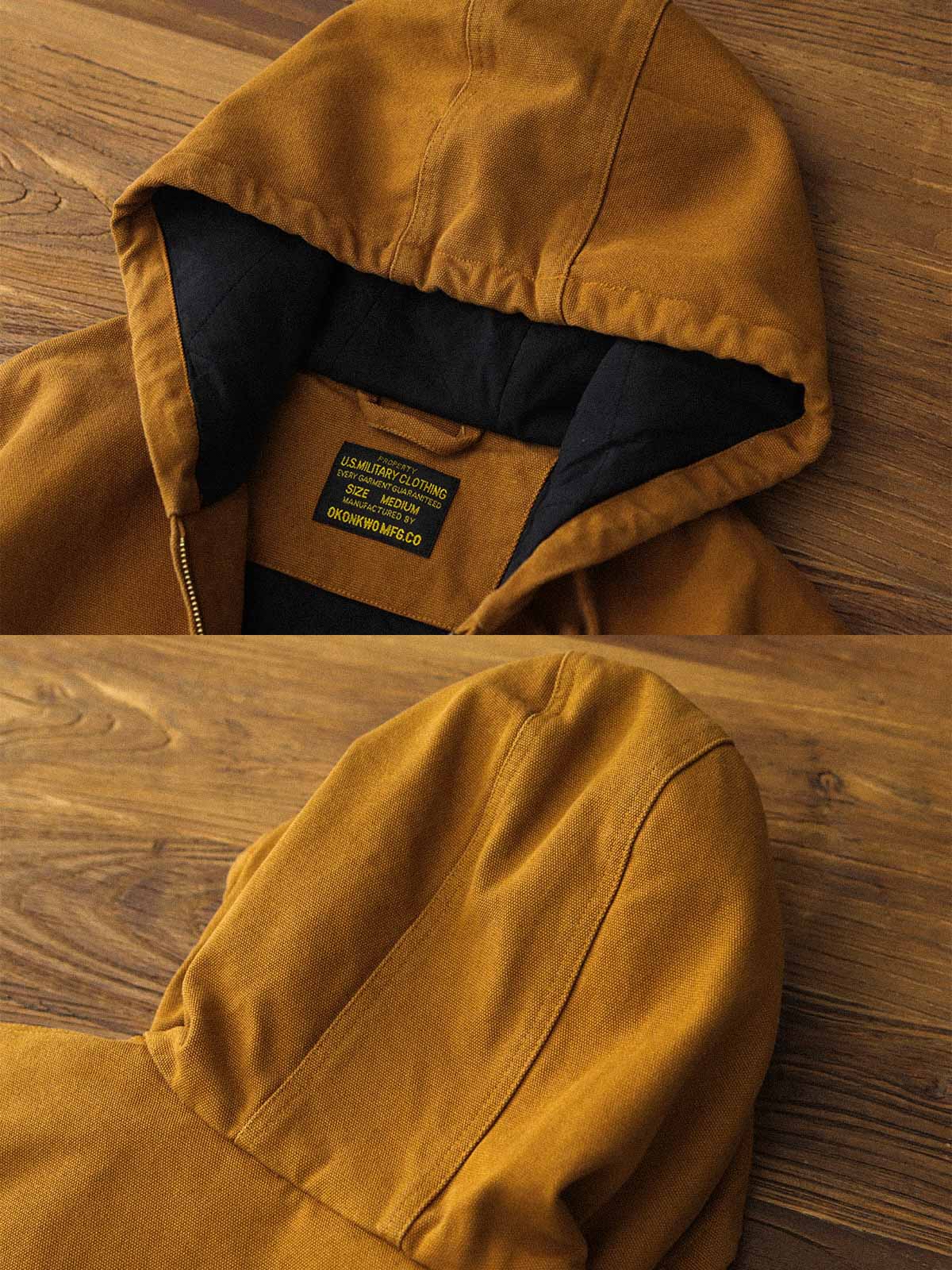 製品画像: J30ジャケットリバイバル版正面展示画像、高密度キャンバス生地とヴィンテージ感を強調。
詳細画像: 高密度16ozキャンバス生地とTALON真鍮ジッパー、左胸のレザータグディテール。