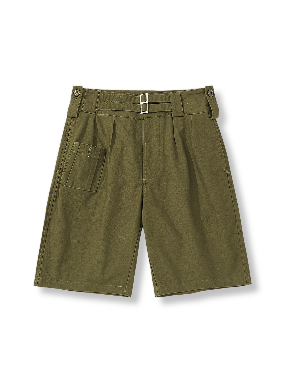 英軍グルカダブルアジャストストラップのゆったりとしたショートパンツの全体像を展示し、特に調整ストラップと複数のポケットデザインを強調。