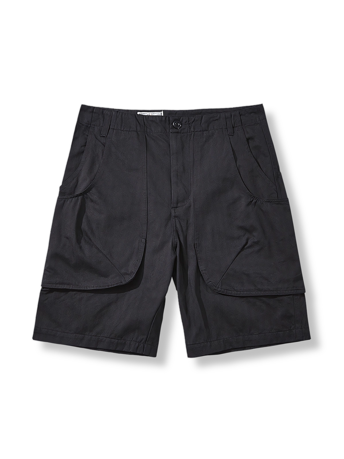 改良型P44ヘリンボーンキャンバスワークショーツの全体像、多機能ポケットと耐摩耗性生地の特徴を強調。