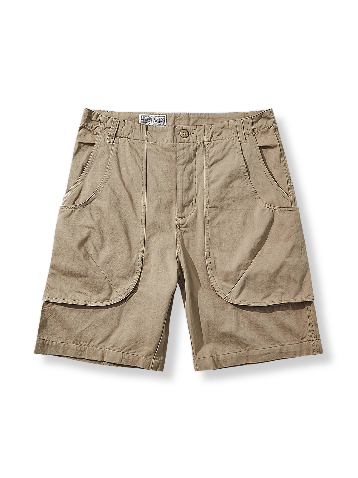 改良型P44ヘリンボーンキャンバスワークショーツの全体像、多機能ポケットと耐摩耗性生地の特徴を強調。