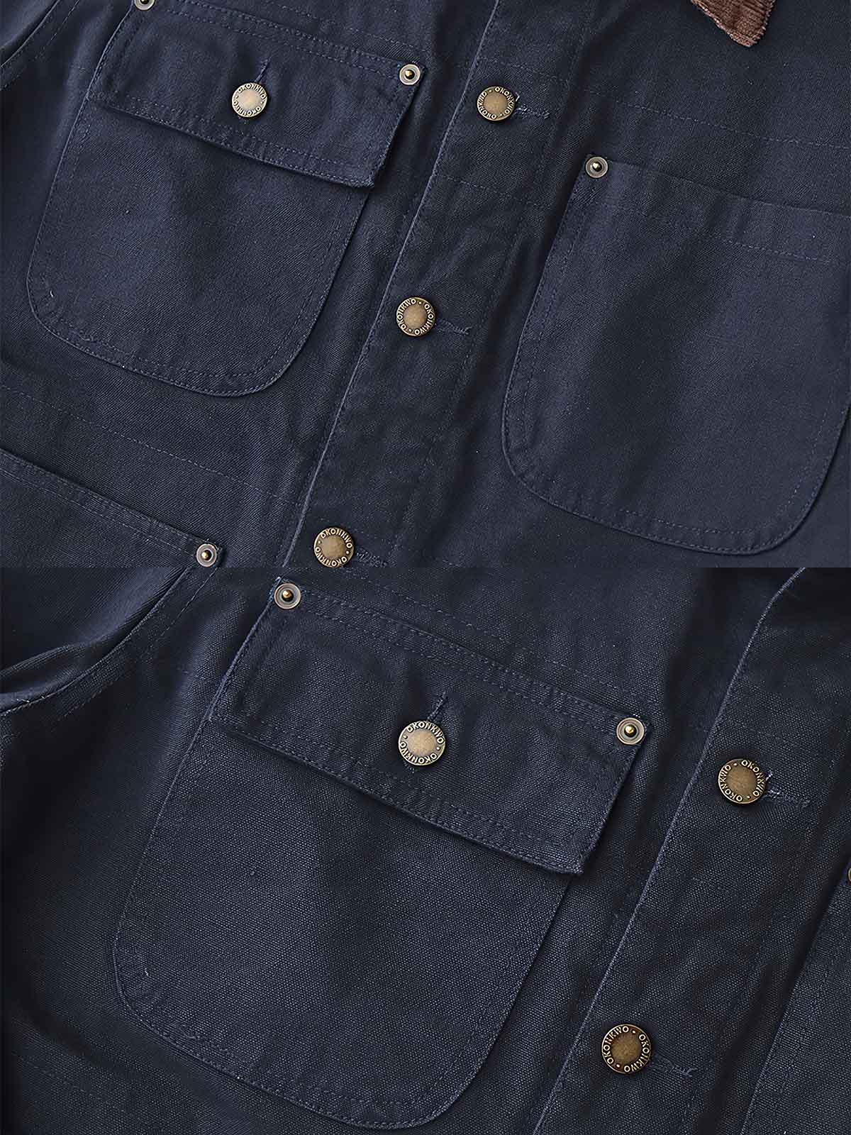 製品画像: コーデュロイ襟付きアメカジヴィンテージワークジャケットの全体像
詳細画像: 襟、ボタン、ポケットのディテールをクローズアップした画像