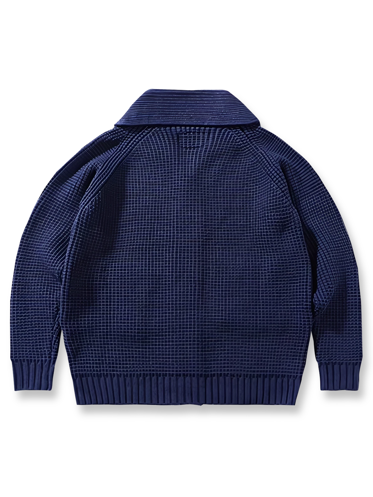 製品画像:
「ラウンドカラー ウール混紡 カーディガンの全体正面展示図。クラシックなワッフル柄デザインとウール65%混紡素材が特徴で、保温性とヴィンテージ感を兼ね備えた冬の定番アイテム。」
詳細画像:
「ラウンドカラー ウール混紡 カーディガンのワッフル柄ディテールとジャカード織り縁部分のクローズアップ。立体感のある柄と丁寧な縁加工が、全体の質感とデザイン性を引き立てます。」