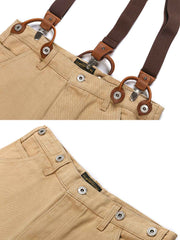 ショーツのサスペンダー接続部とレザー補強部分のクローズアップを特集し、そのワークスタイルと精緻な工芸を強調。