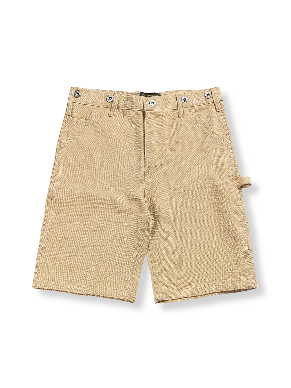 レイルロードストライプサスペンダーワークショーツの全体像を展示し、そのユニークなデザインと耐久性のある素材を強調。