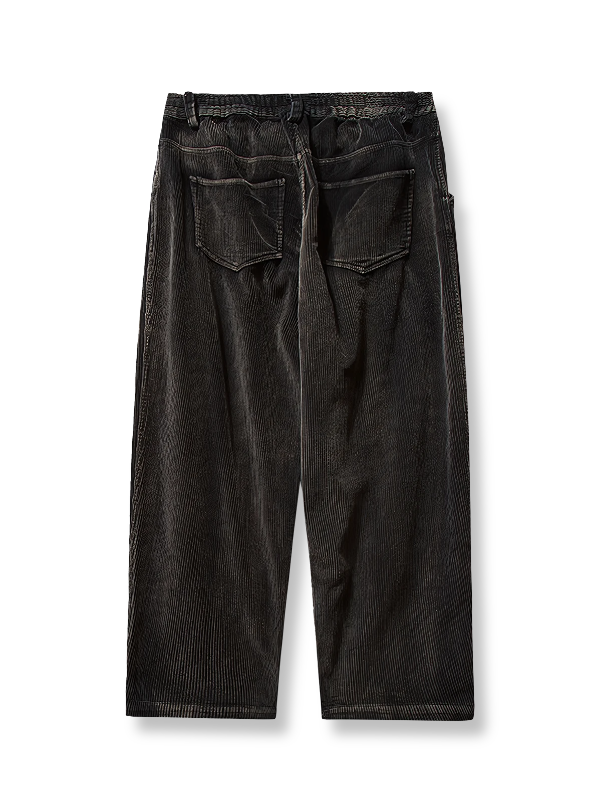 製品画像
ブラックのワイドコーデュロイワークパンツ正面デザイン。14畝の高密度コーデュロイ生地とニーパネルの立体構造が特徴で、クラシックなワークウェアを現代風に再構築した一着
詳細画像
バックポケットとダブルステッチ加工のディテール。耐久性を高めたクラシックなデザインと、特製ウォッシュ加工による柔らかでヴィンテージ感のある生地感が際立つ