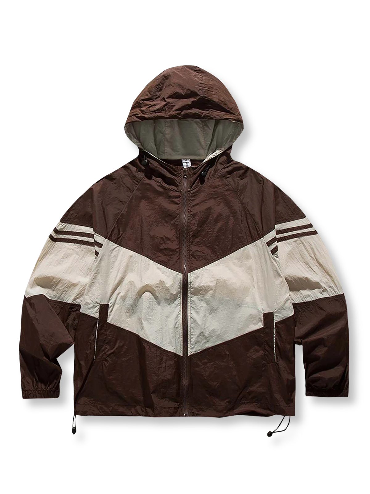 製品画像
「バイカラー フード付き マウンテンジャケットの正面全体図。レトロなスポーツスタイルと現代的なアウトドアデザインを融合したバイカラーデザインが特徴で、防風性・撥水性を備えた100%ポリエステル素材を使用。軽量で日常やアウトドアに適した万能アイテム。」
詳細画像
「バイカラー フード付き マウンテンジャケットのディテール特写。幾何学的なストライプパッチワークデザインが、レトロな配色とモダンな要素を融合し、奥行きのあるスタイルを演出。裾の調節可能なドローコードとゴム仕様の袖口が防寒性と快適さを提供する実用的なデザイン。」