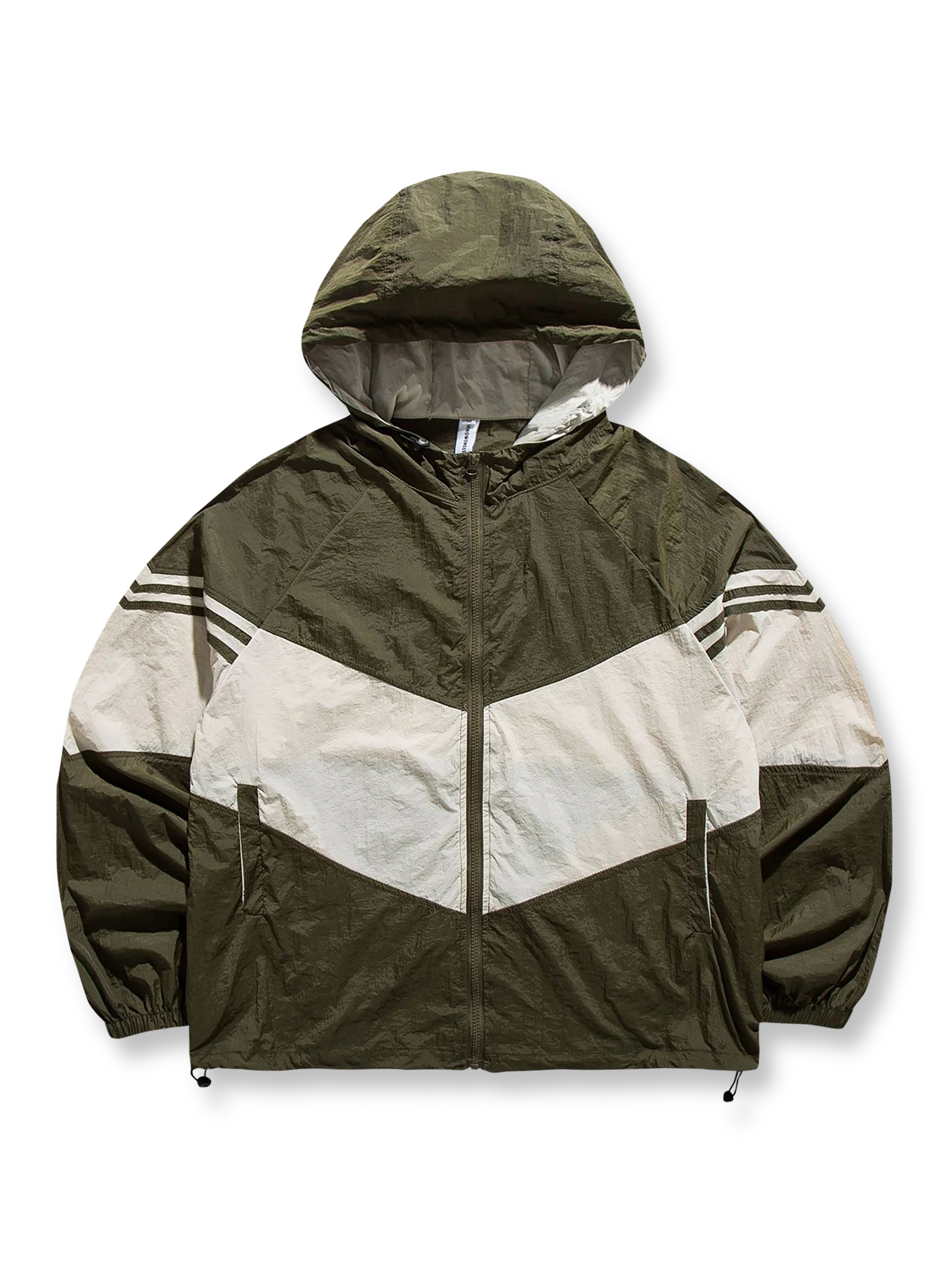 製品画像
「バイカラー フード付き マウンテンジャケットの正面全体図。レトロなスポーツスタイルと現代的なアウトドアデザインを融合したバイカラーデザインが特徴で、防風性・撥水性を備えた100%ポリエステル素材を使用。軽量で日常やアウトドアに適した万能アイテム。」
詳細画像
「バイカラー フード付き マウンテンジャケットのディテール特写。幾何学的なストライプパッチワークデザインが、レトロな配色とモダンな要素を融合し、奥行きのあるスタイルを演出。裾の調節可能なドローコードとゴム仕様の袖口が防寒性と快適さを提供する実用的なデザイン。」