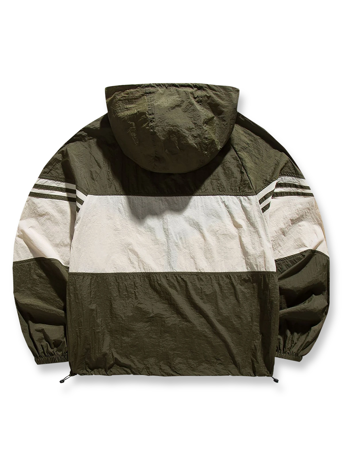 製品画像
「バイカラー フード付き マウンテンジャケットの正面全体図。レトロなスポーツスタイルと現代的なアウトドアデザインを融合したバイカラーデザインが特徴で、防風性・撥水性を備えた100%ポリエステル素材を使用。軽量で日常やアウトドアに適した万能アイテム。」
詳細画像
「バイカラー フード付き マウンテンジャケットのディテール特写。幾何学的なストライプパッチワークデザインが、レトロな配色とモダンな要素を融合し、奥行きのあるスタイルを演出。裾の調節可能なドローコードとゴム仕様の袖口が防寒性と快適さを提供する実用的なデザイン。」