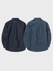 リジッドデニムウォッシュ加工長袖シャツ細部展示図