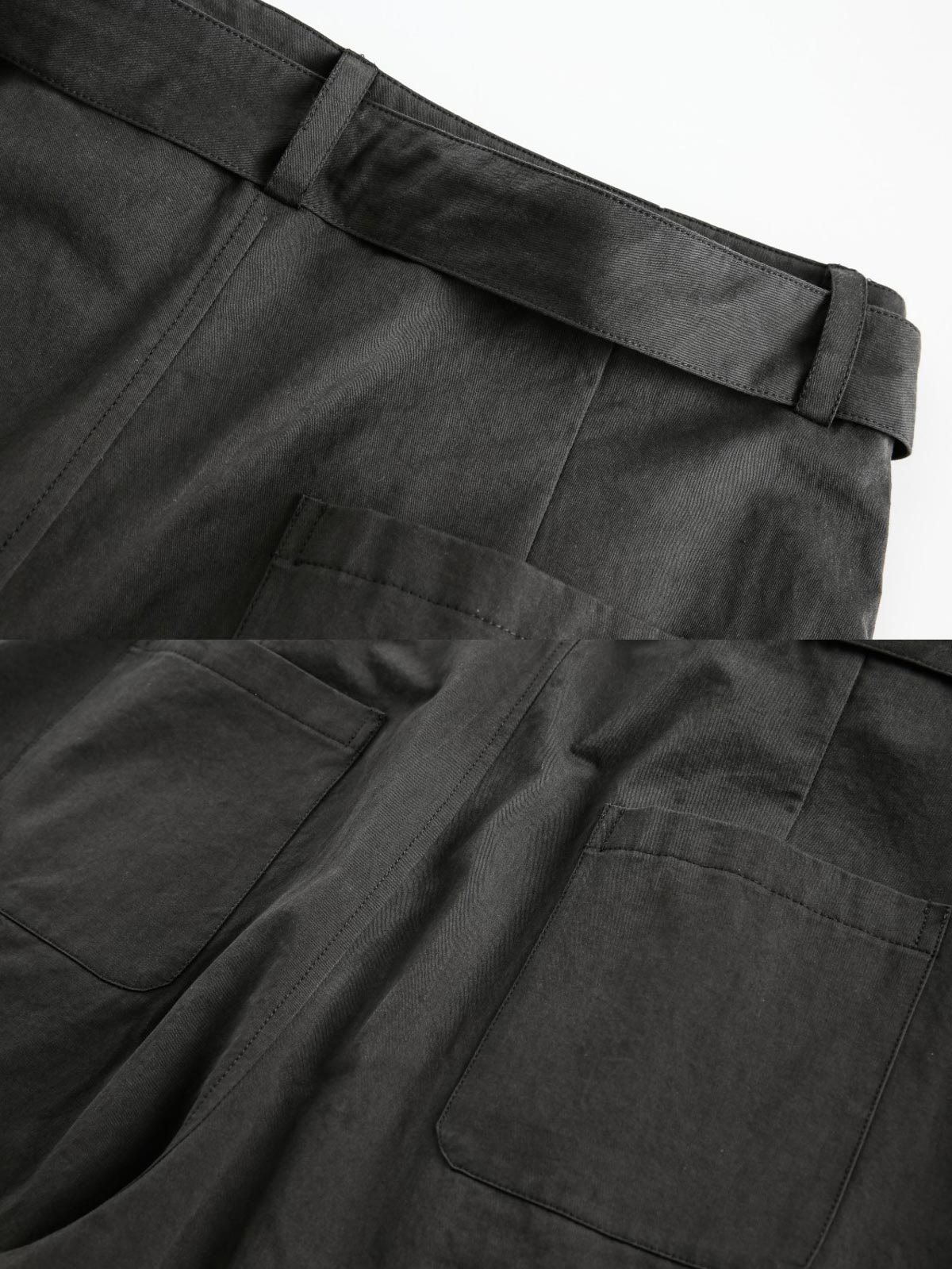 製品画像
黒色のプリーツ入り剣道着スタイルワイドパンツ正面デザイン。剣道着からインスパイアされた結び紐ディテールと前面のプリーツ加工が特徴で、ゆったりとしたワイドシルエットが和の美意識を現代風に表現
詳細画像
腰紐ディテールと流れるような前面プリーツの特写。立体感のあるプリーツ加工と丁寧に仕立てられたコットン素材が、禅の静けさと上品さを際立たせる仕上がり