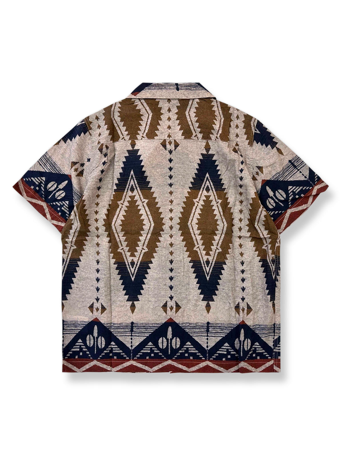 アメリカンヴィンテージスタイルのインディアン風幾何学模様キューバカラー半袖シャツの正面画像