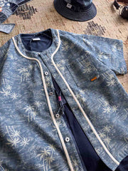 トロピカルヤシ柄ベースボールカラー デニムシャツ