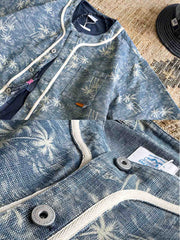 トロピカルヤシ柄ベースボールカラー デニムシャツ